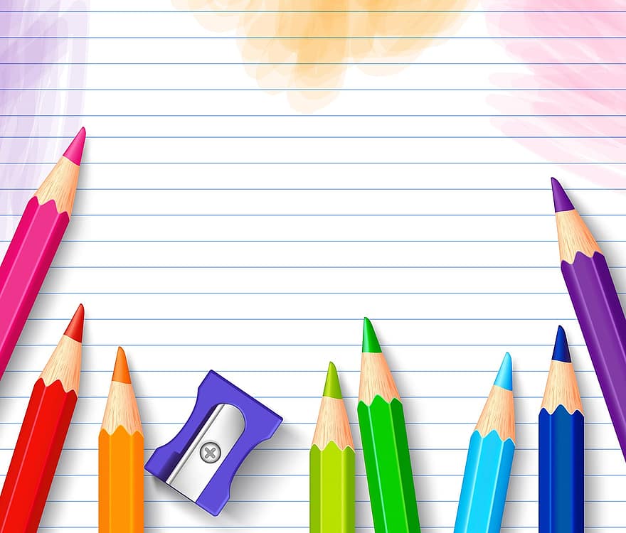 ceruzák, színek, élesítő, tanszerek, jegyzetfüzet, papír