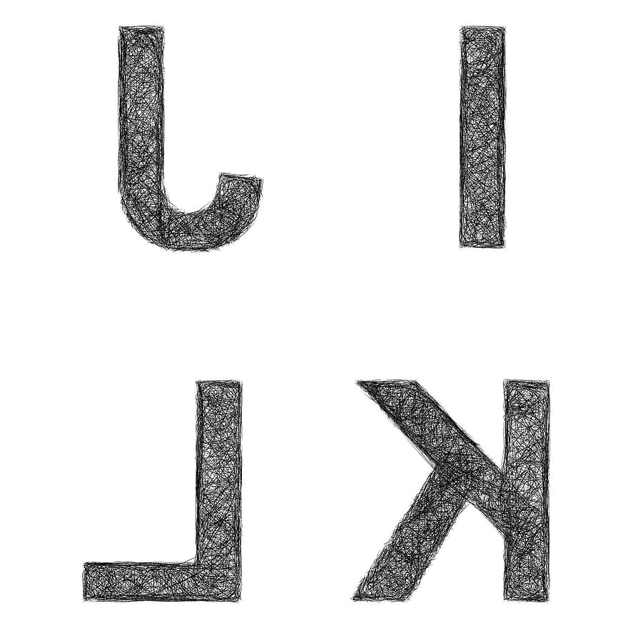 ik, j, k, l, brief, doopvont, schetsen, alfabet, teken, symbool, logo