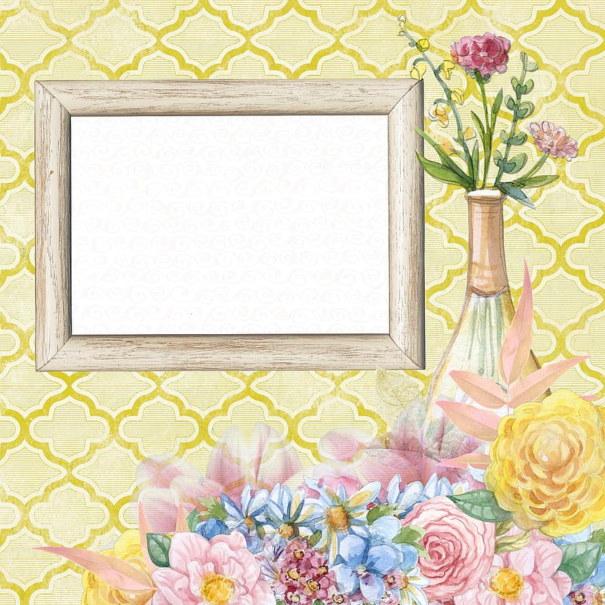 fons, bloc de notes, groc, collage, flors, marc, emmarcat, rosa, blau, ampolla, vi