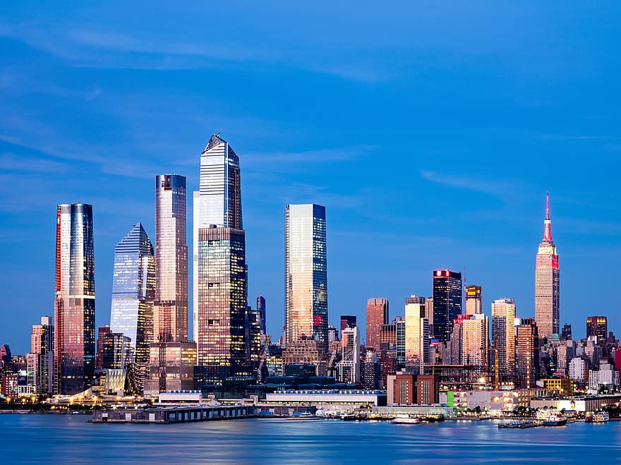 New York, Empire State binası, nehir, Kent, Hudson Yard, Manhattan, Cityscape, ufuk çizgisi, kuleler, gökdelenler, binalar