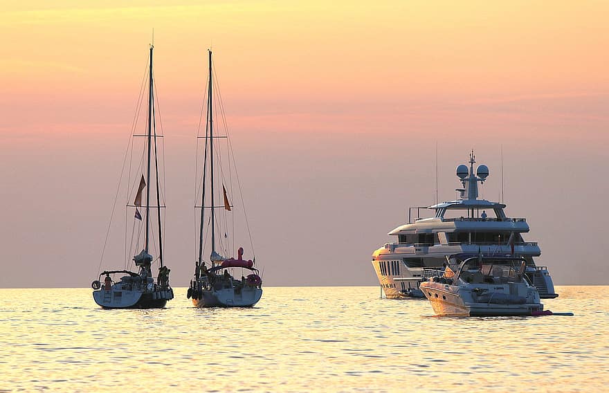 solnedgång, båtar, Yacht, segelbåt, segling, segla, marinmålning, skys, hav, vatten, skymning