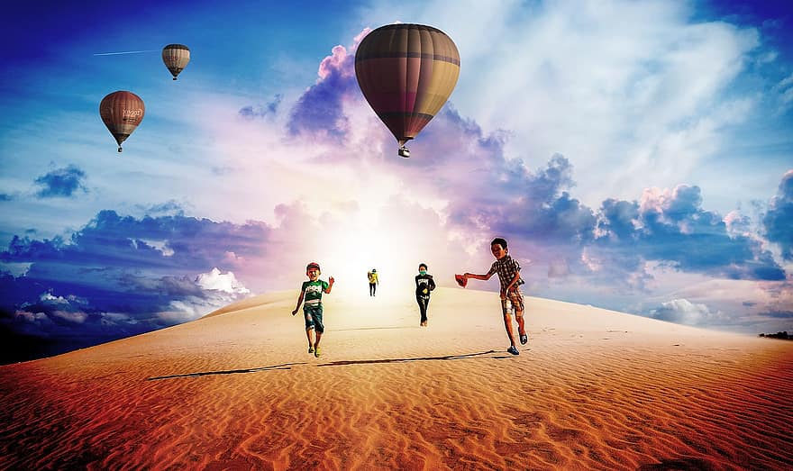 пустеля, діти, пісок, дюна, граючи, дитинство, природи, краєвид, повітряні кулі, небо, сонце