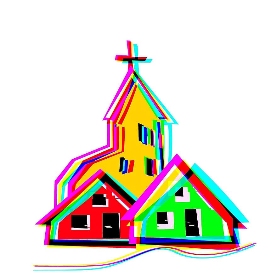 kylä, kirkko, talo, graafinen, väri-, abstrakti