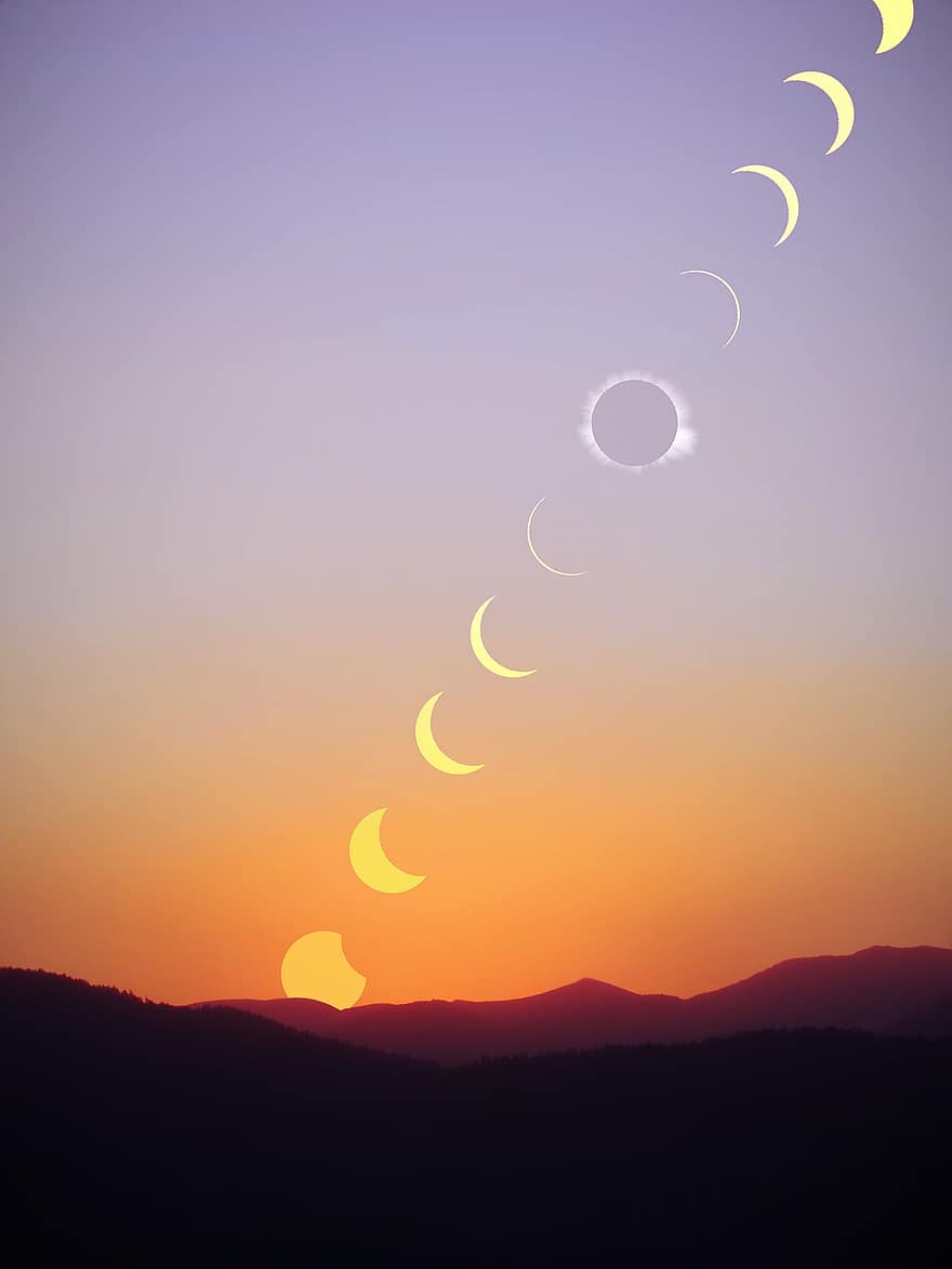 lluna, sol, total, Eclipsi solar, posta de sol, sortida del sol, cel, muntanyes, nit, vespre, silueta