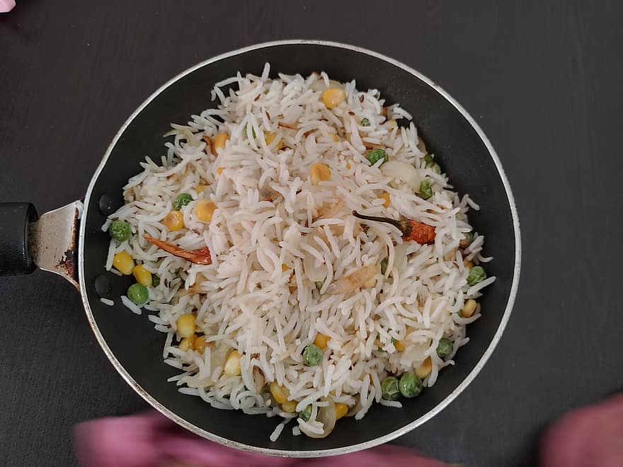 ris, vegetabiliska, mat, indisk, måltid, matklammer, lunch, närbild, äta nyttigt, friskhet, kokta