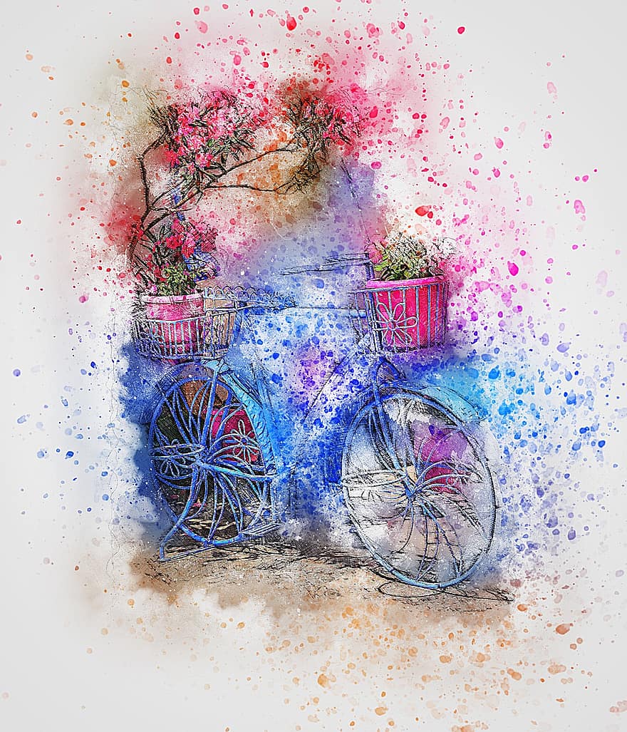 polkupyörä, kukat, taide, abstrakti, pyörä, akvarelli, vuosikerta, T-paita, taiteellinen, romanttinen, design