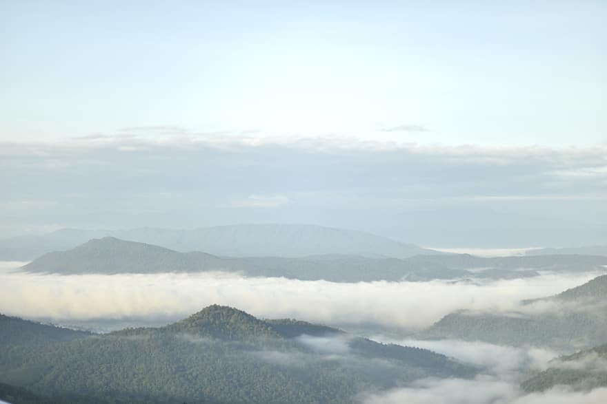 vedere, Munte, decor, ceaţă, nori, cer, natură, peisaj, nor, pădure, varf de munte