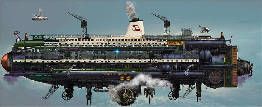 ilmalaiva, steampunk, fantasia, Dieselpunk, Atompunk, tieteiskirjallisuus, ala, koneet, tekniikka, kuljetus, teräs