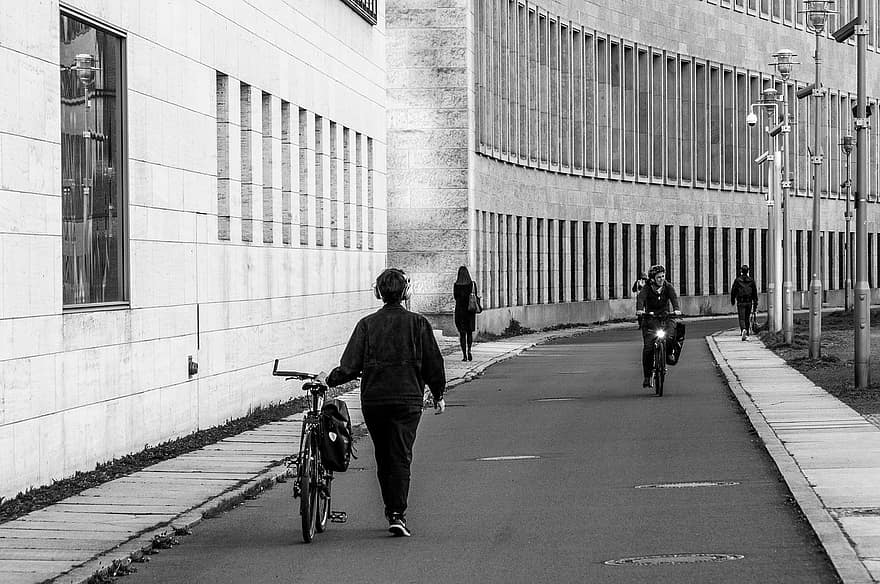 Pedestrian, People, Road, Cityscape, City, bicycle, men, city life, cycling, black and white, commuter