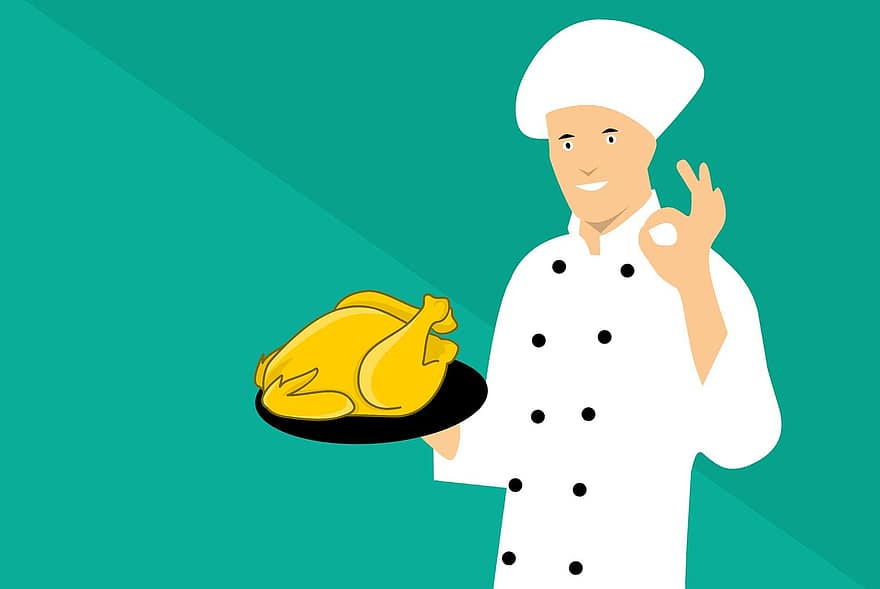 Chef, Chicken, Cooking, Meat, Delicious, Uniform, Fried, Hat, Character, Smiling, Food