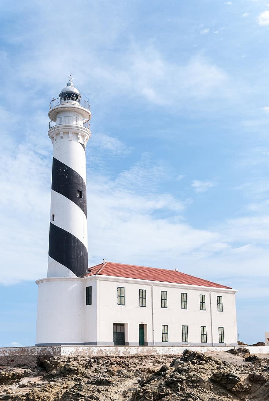 Lighthouse, Tower, Building, Facade, Architecture, Structure, Nautical, Menorca, Rock, Blue, Navigation