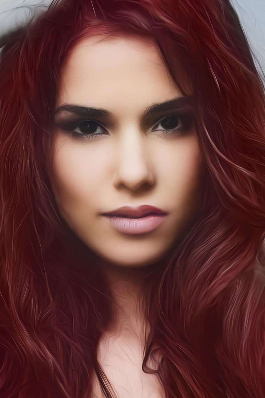 sieviete, modeli, sarkana galva, gariem matiem, mati, kaukāzietis, radīt, skaistums, meikaps