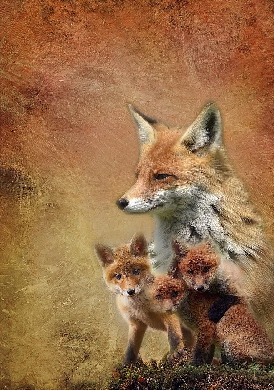 Červené, liška, rodina, mláďata, volně žijících živočichů, Příroda, zvíře, savec, dravec, divočina, portrét