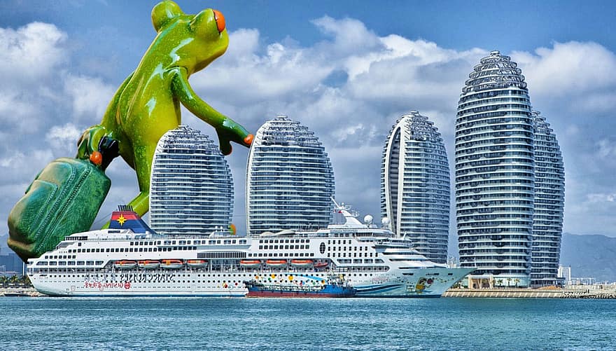Frog, Travel, Luggage, Giant, Funny, Cruise Ship, Ship, Hainan, Skyline, Ocean Liners, Sky