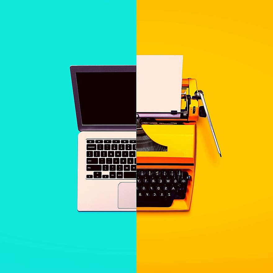 laptop, psací stroj, obrazovka, papír, klávesnice, klíče, technologie