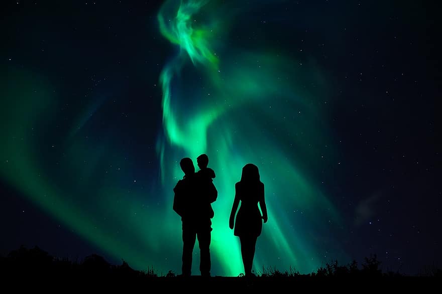 aurora borealis, cặp đôi, gia đình, đứa trẻ, đêm, bộ, Mọi người, dễ thương, vui mừng, bố