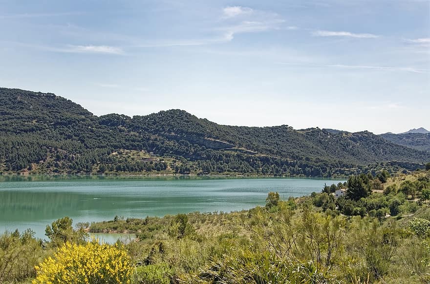 สเปน, ดาลูเซีย, จังหวัดมาลากา, อ่างเก็บน้ำ Guadalhorce-guadalteba, Rio Guadalhorce, Rio Gualdateba, อ่างเก็บน้ำ, ไหล, ภูเขา, เนินเขา, น้ำ