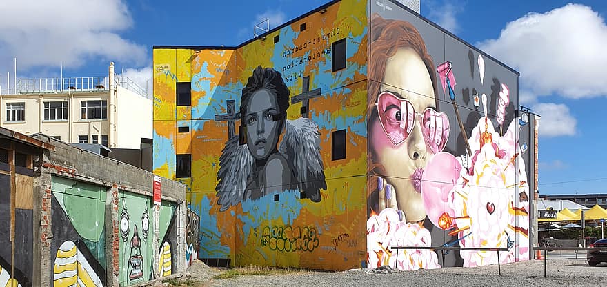 grafitti, πόλη, τείχος, Κτίριο, γωνία, τέχνη, αστικός, χρώμα, πολύχρωμα, δρόμος, τούβλο