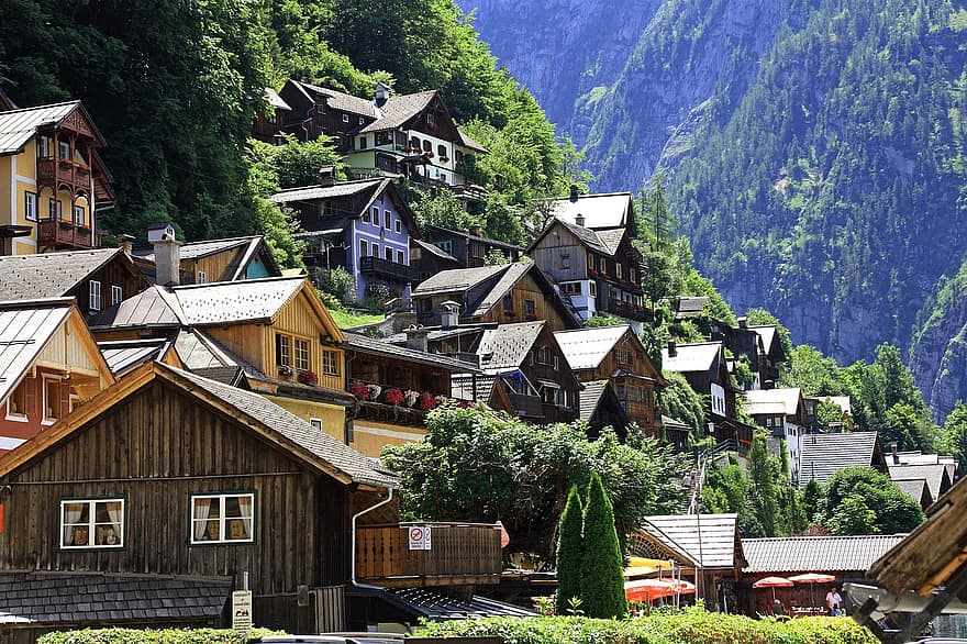 마을, 대부분의 산, Hallstättersee Lake, Salzkammergut, 오스트리아, 호수, 세계 유산, 목가적 인