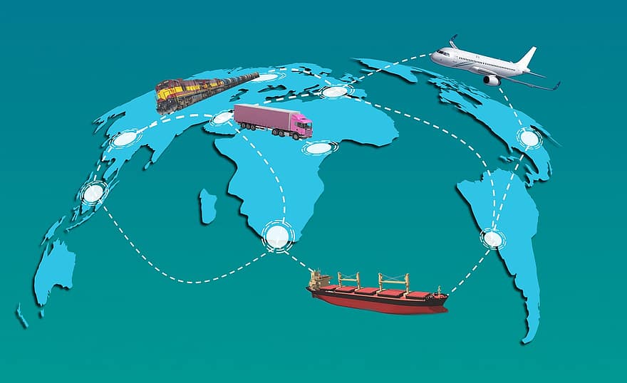 logisztika, világ, szállítás, fuvar, repülőgép, szállítmány, hajó, kamion, csomópontok, térkép, földgolyó
