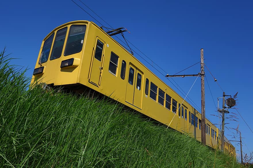 tåg, järnväg, resa, järnvägsspår, transport, fordon, kollektivtrafik, utomhus-, transportsätt, gul, blå