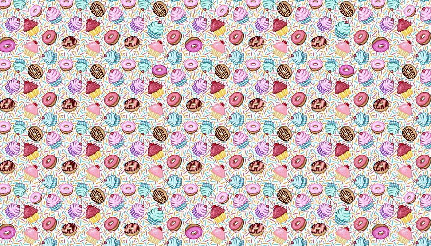 donuts, Farverige kager, Farverige snacks, sømløse mønster, mønster, baggrunde, dekoration, abstrakt, vektor, illustration, design