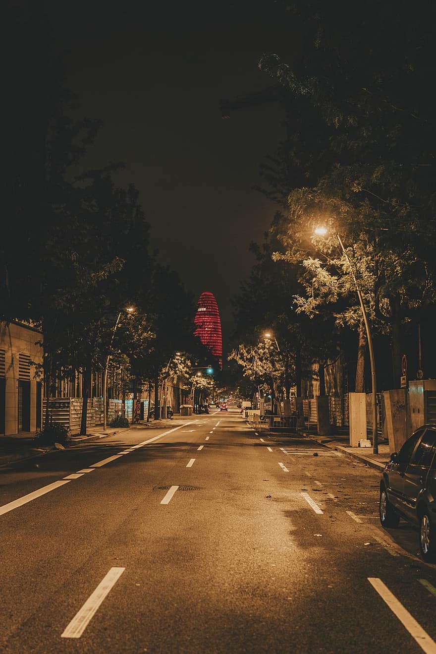 iela, pilsēta, ceļot, barcelona, naktī, agbar tornis, arhitektūra, auto, satiksmi, krēsla, izgaismots