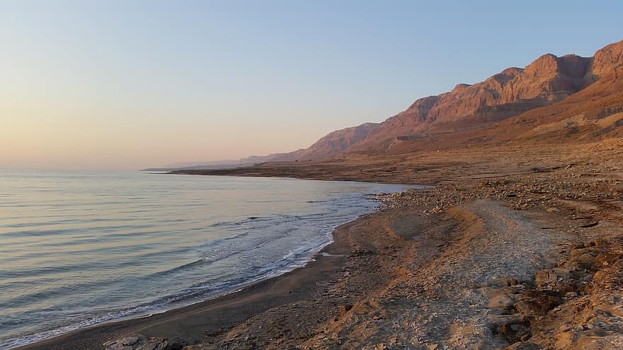 montanhas, deserto, nascer do sol, mar Morto, Israel, natureza, panorama