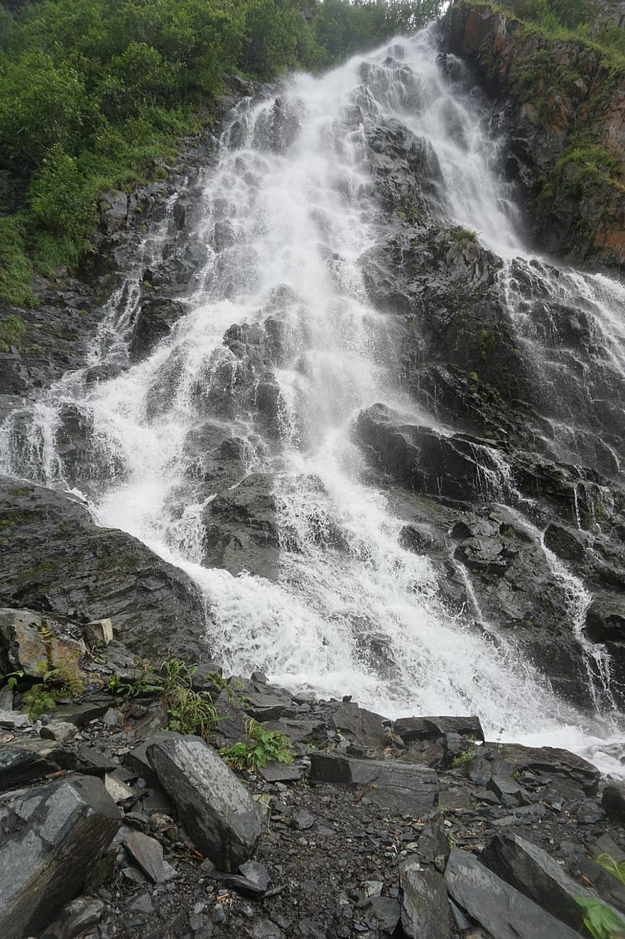 Waterfalls, Mountains, Rocks, Cliffs, Alaska, Cascade, Cascading, Torrent, Flow, Flowing Water, Water