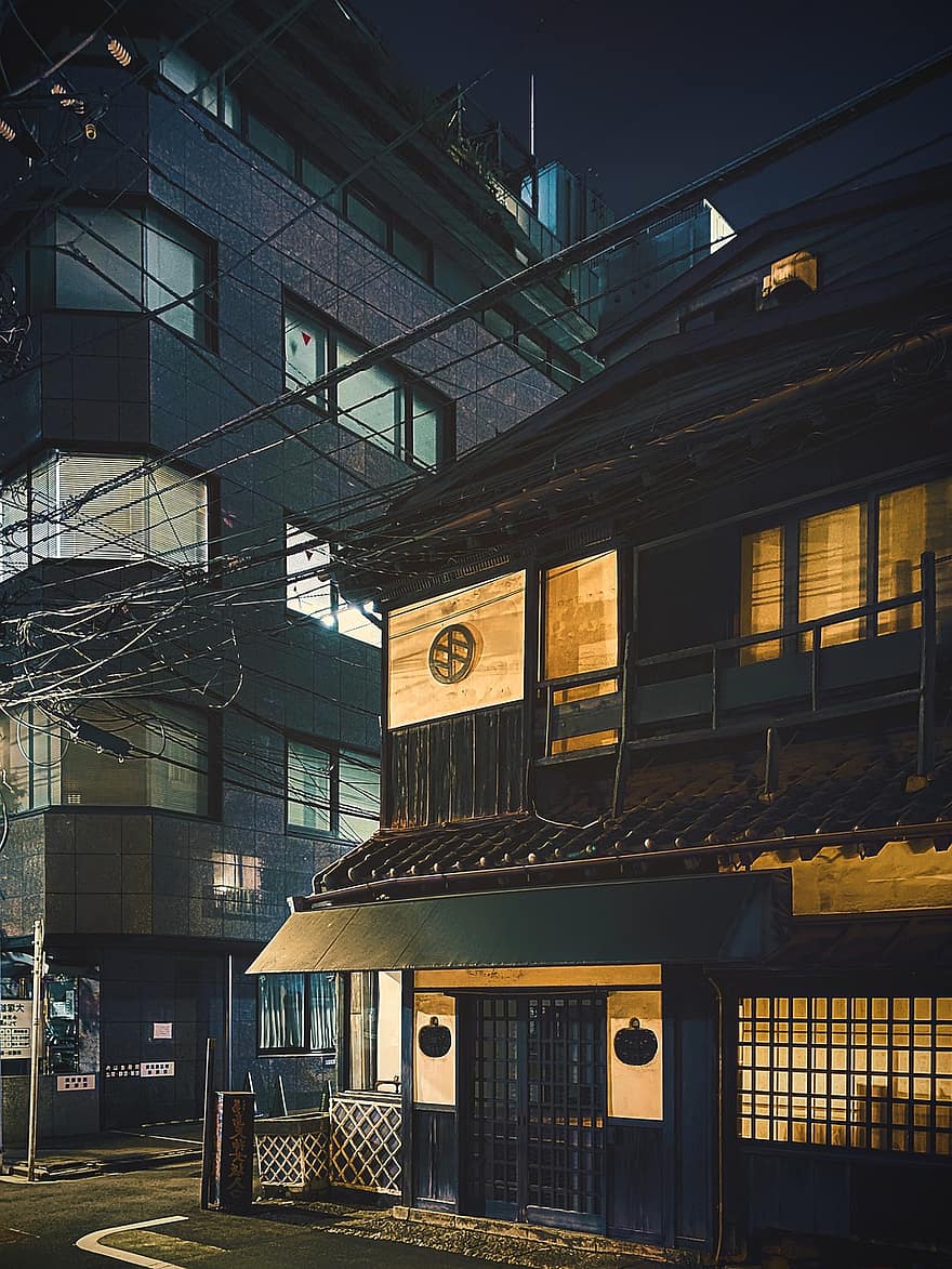 nat, tokyo, gade, japan, by-, restaurant, japansk arkitektur