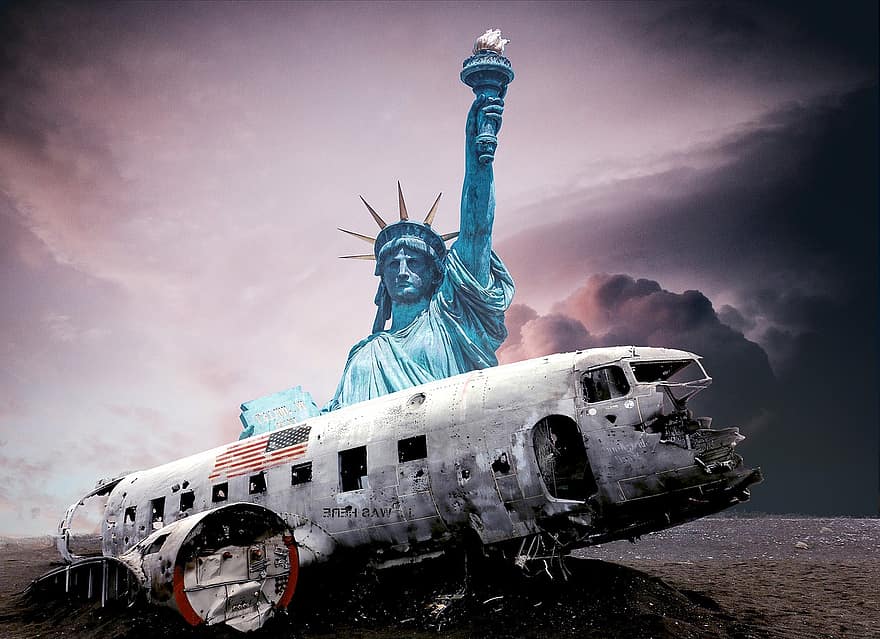 aterrizaje forzoso, estatua de la Libertad, antorcha, Estados Unidos, ruina, aeronave, accidente de avión, nubes, noche, cielo, brillar