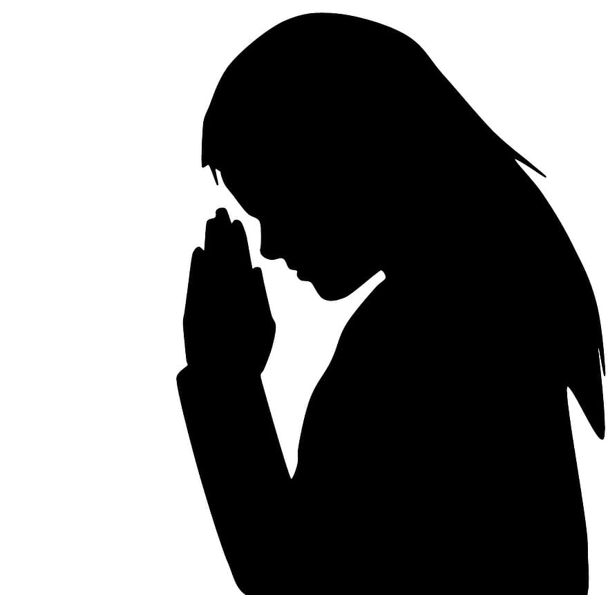 žena se modlí, modlitba, žena Víry, silueta, modlí se, žena, náboženský, ilustrace