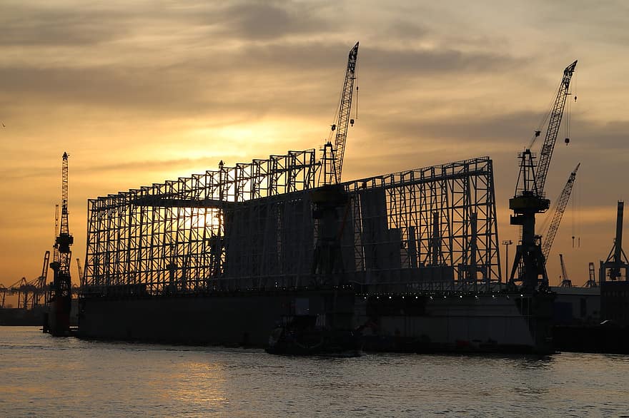 Cranes, Port, Hamburg, Sunset, Dusk, Twilight, Loading Dock, Shipping Industry, Shipping Port, Elbe, Water