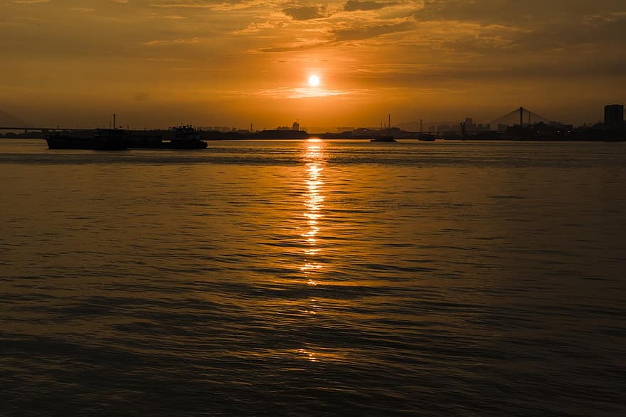 matahari terbenam, laut, kapal, Pelabuhan, bayangan hitam, pelabuhan, kota, matahari, sinar matahari, refleksi, air