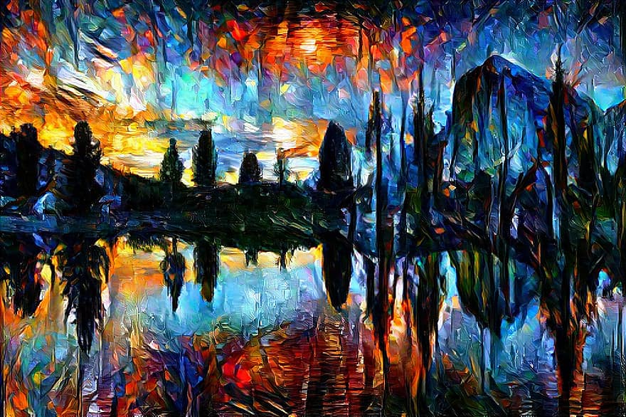 lago, tramonto, montagne, alberi, paesaggio, pittura, pittura ad acquerello, pittura ad olio, autunno, multicolore, foresta