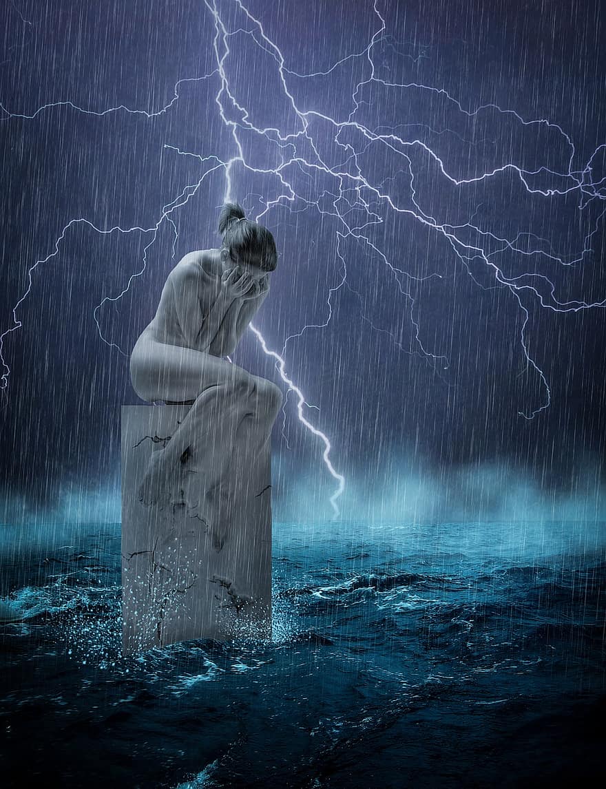 vatten, människor, blixt-, storm, kvinna