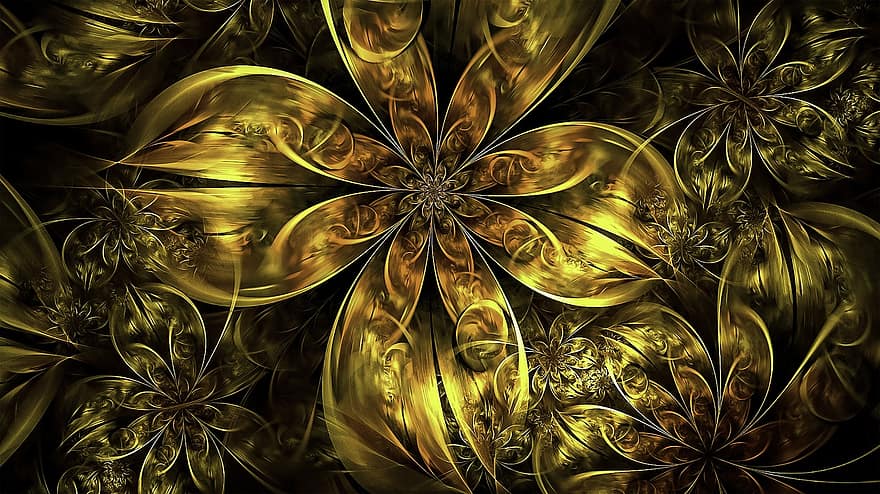 fractal, floral, or, daurat, metàl·lic, flors, textura, patró