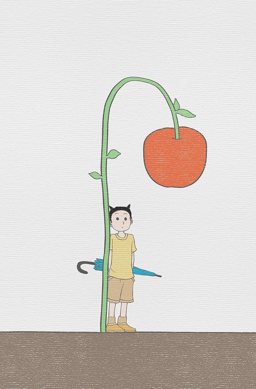 कार्टून, हाथ से रंगी, परियों की कहानी, सेब, सेब का पेड़, लड़का, इंतज़ार कर रही