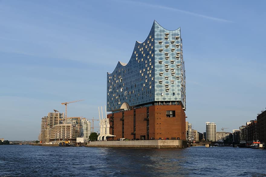 Hamburg, přístav, filharmonický orchestr, voda, jeřáby, večerní atmosféru, architektura, slavné místo, mrakodrap, stavba, exteriér budovy