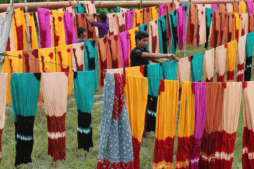 tyger, hängande, arbetare, trasa, textilier, arbete, män, dhaka, bangladesh