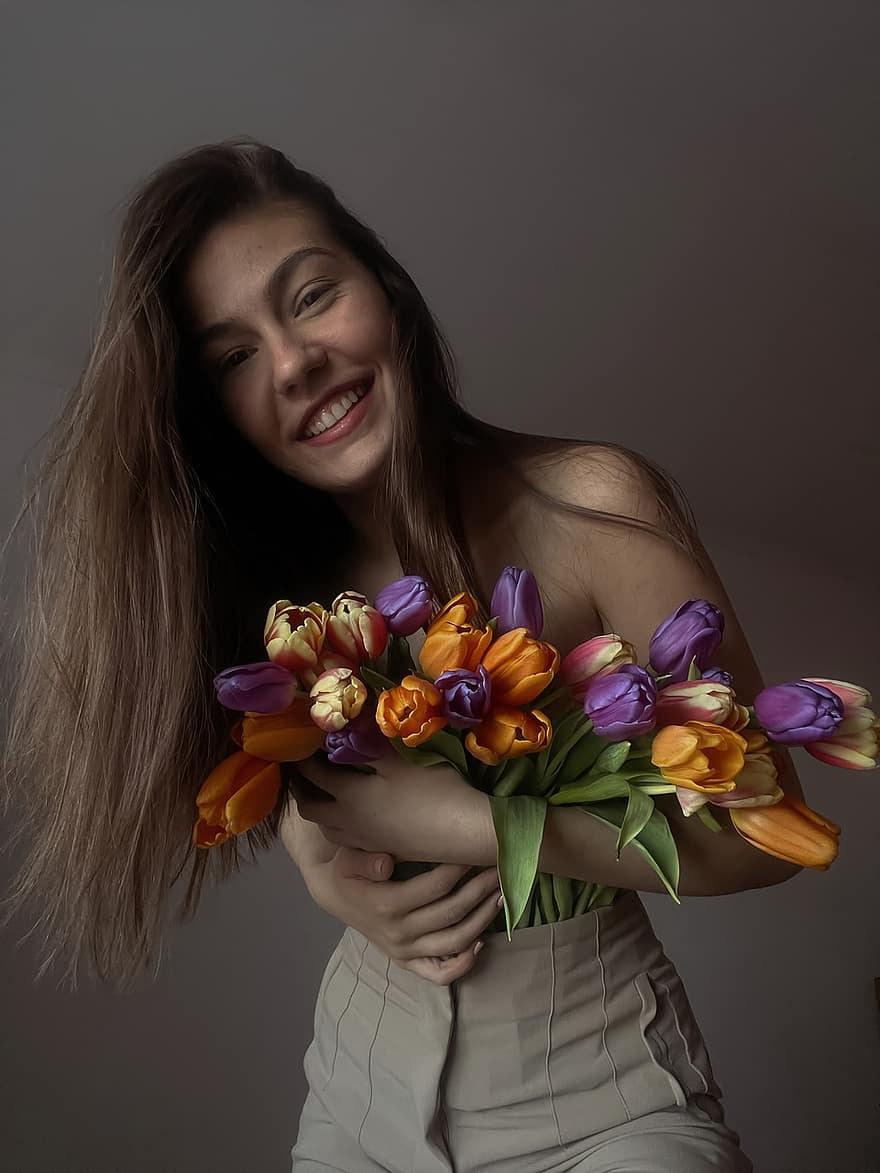 kvinde, tulipaner, forår, model, pige, portræt, blomster