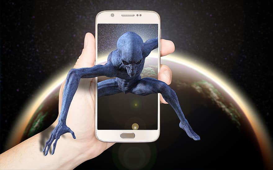 utomjording, varelse, smartphone, skärm, planet, teknologi, trogen