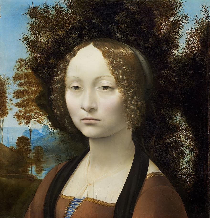 Ginevra De'Benci, Leonardo da Vinci, obraz, stary, mistrz, narodowa galeria sztuki, USA, Brązowy obraz
