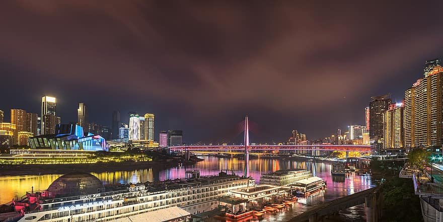 Kina, by, natt, Jialing-elven, Chongqing, natt utsikt