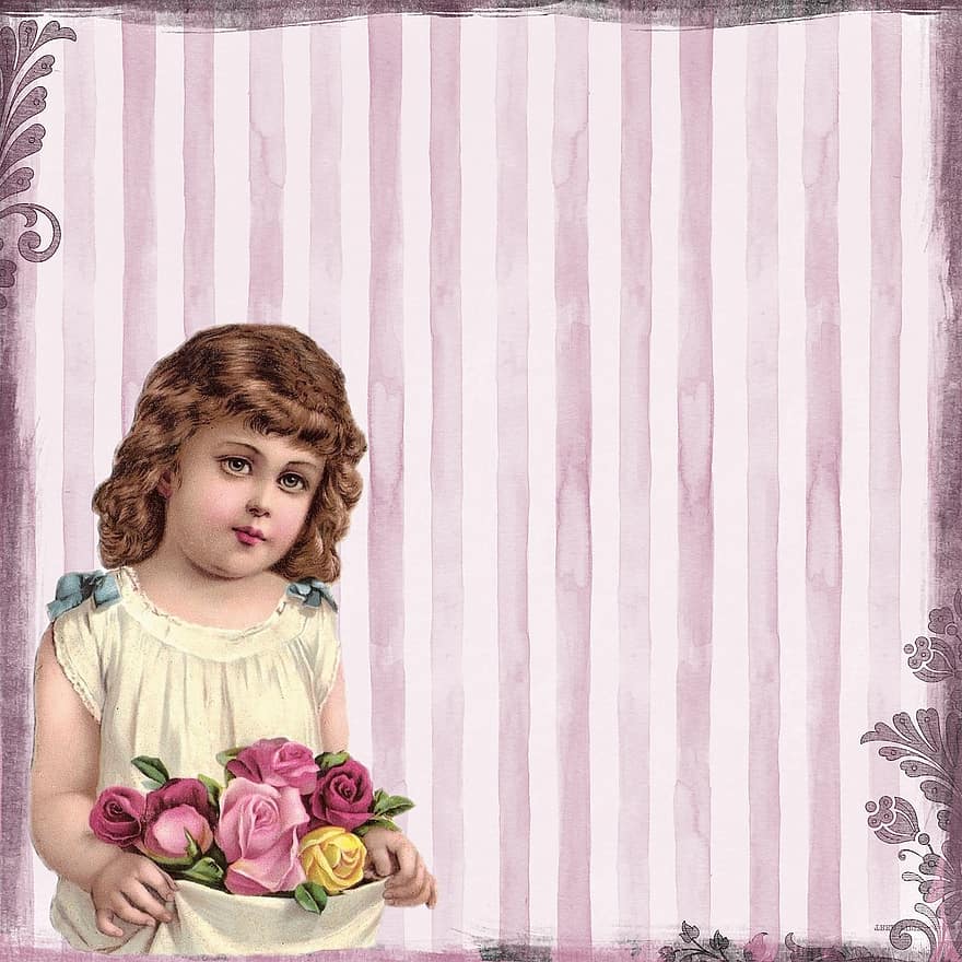Girl, Vintage, Wallpaper, Child, Kid, Person, Young, Pink, Roses, Flowers, Ornamental
