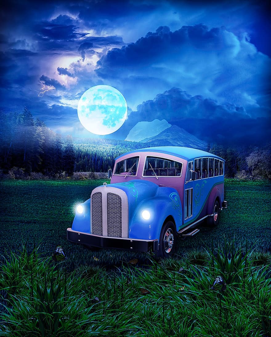 furgons, mēness, lauku, laukos, autobuss, auto, debesis, mākoņi, zāli, transportēšana, sauszemes transportlīdzekli