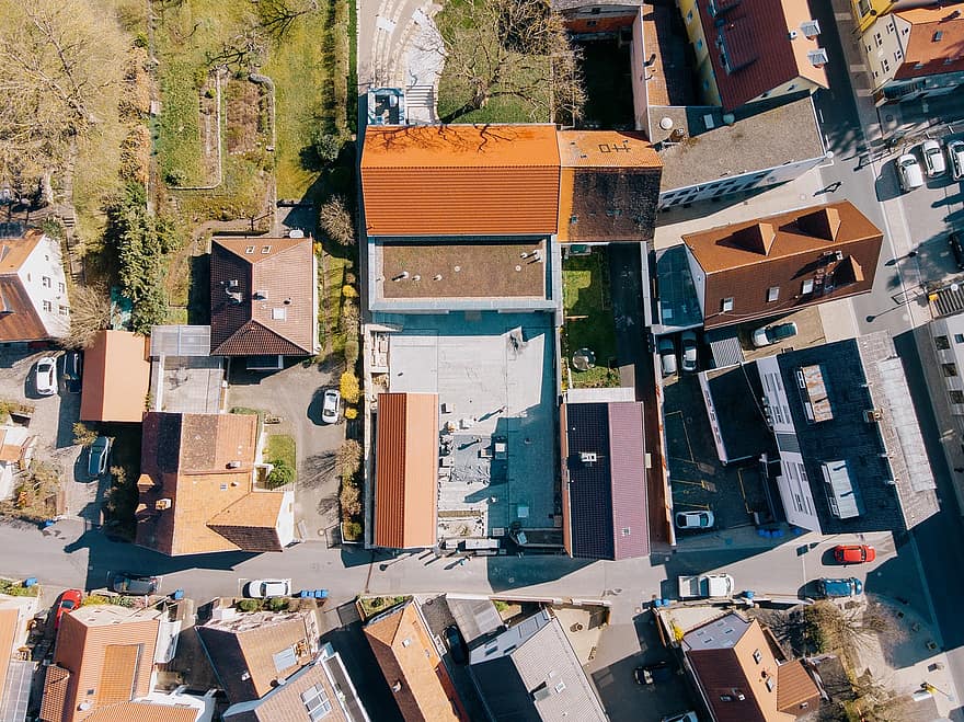 dorp, stad, drone shot, gebouwen, stad-, stedelijk, luchtfoto, uitzicht, Weergave neerzetten, hochberg