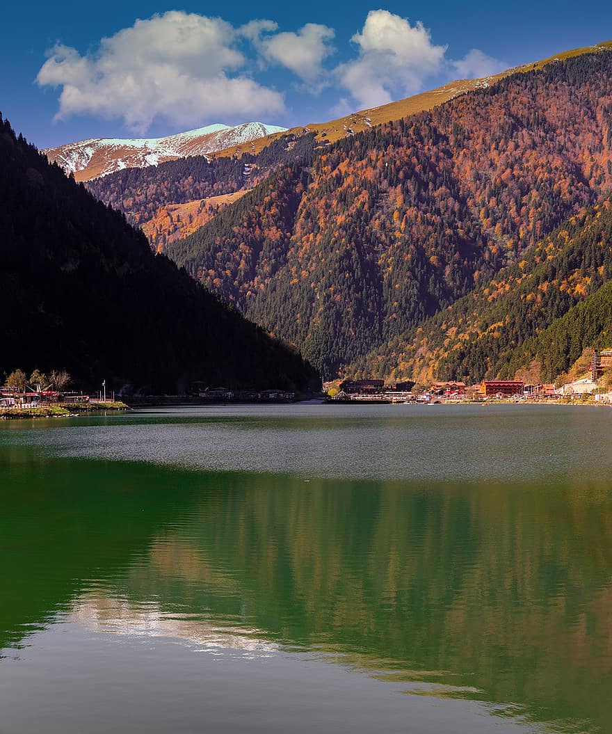 езеро, планини, размисъл, вода, природа, панорамен, село, Uzungöl, Трабзон, caykara, Черно море