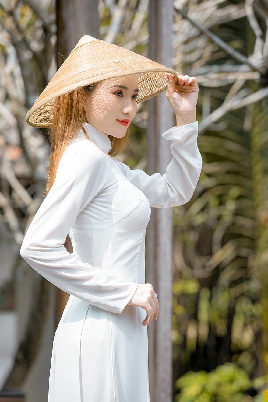 ao dai, moda, dona, Vestit nacional del Vietnam, barret cònic, vestit, tradicional, noia, bonic, pose, model