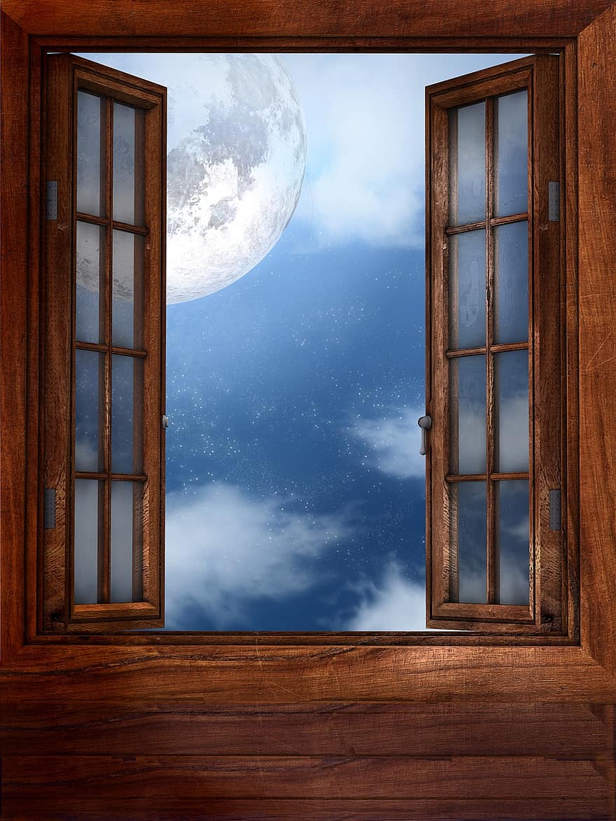 logu, mēness, atvērts logs, naktī, zils, debesis, māja, vakarā, mēness gaisma, stāsts, tumšs